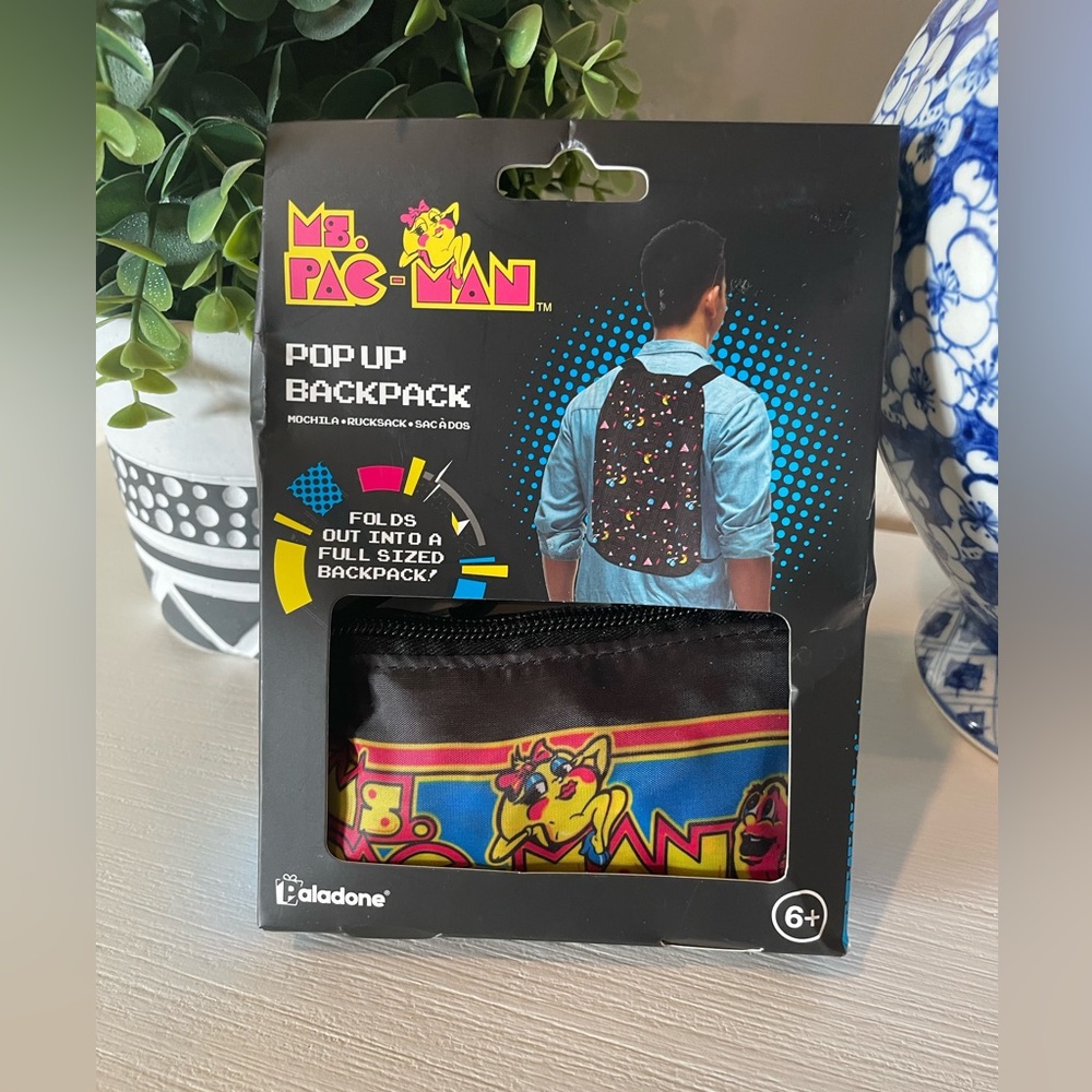 New Ms. Pac-Man Pop-Up Backpack Folds Out To Full Size Backpack Zip Up Pouch